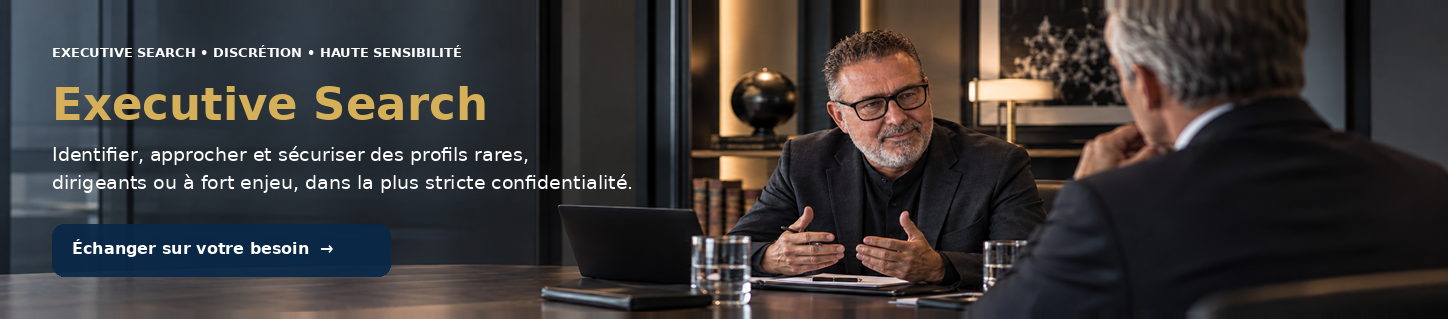 Executive Search — Identifier, approcher et sécuriser des profils rares, dirigeants ou à fort enjeu, dans la plus stricte confidentialité.